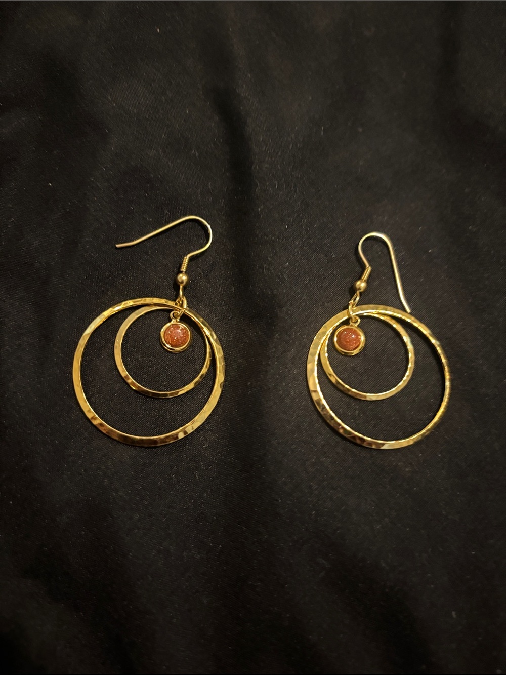 Gold Double Hoop Earrings with Brown Stone Accent - Women Jewelry